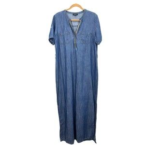 Spense | Dresses | Spense Womens 4 Blue Denim Vneck Maxi Dress Embroidered  Neck Short Sleeve | Poshmark